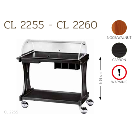 Chariots À Fromage CL2260 noce-walnut + roues casquées chrome + tablette rétractable + 3 tiroirs