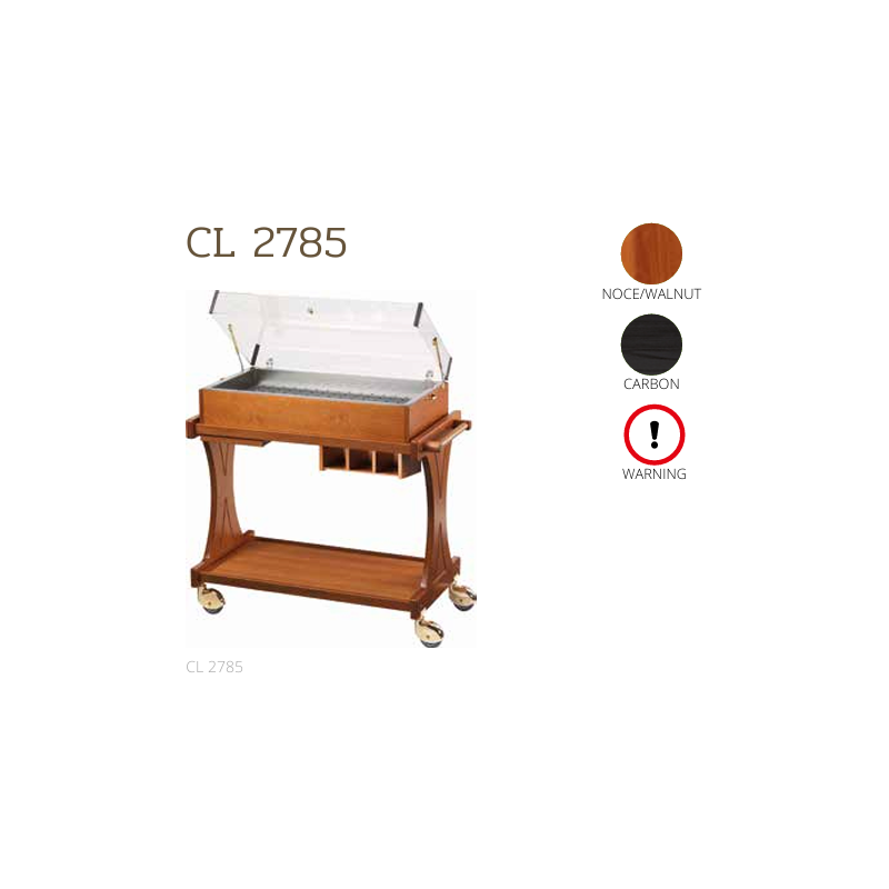 Chariots sous cloche CL2785 noce-walnut + roues casquées chrome + étagère et tiroirs Chariots sous cloche CL2785 noce-walnut + roues casquées chrome + étagère et tiroirs
