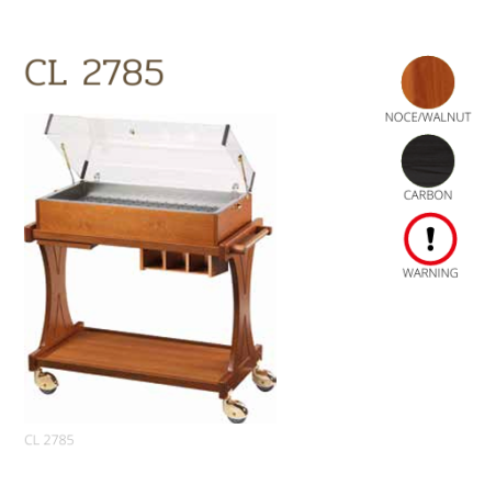 Chariots sous cloche CL2785 noce-walnut + roues casquées chrome + étagère et tiroirs