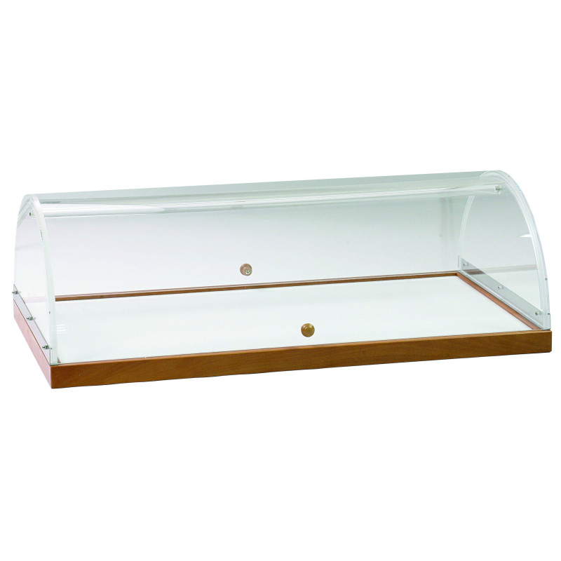Présentoir avec structure en bois et clochette en plexiglas pour chariot forcar A1299