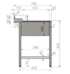 Plonge ENTREE LAVE VAISSELLE A CAPOT 1200x700xH880mm (s'accroche à gauche du lave vaisselle) + tablette inférieure
