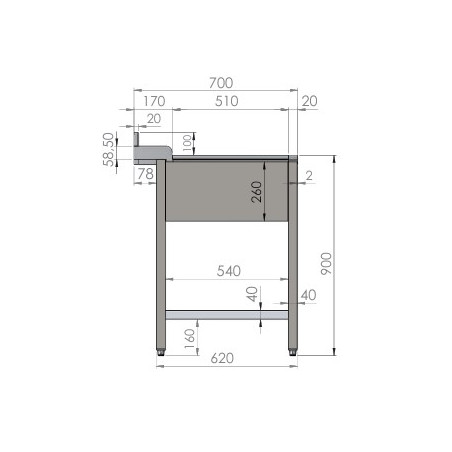 Plonge ENTREE LAVE VAISSELLE A CAPOT 1200x700xH880mm (s'accroche à gauche du lave vaisselle) + tablette inférieure