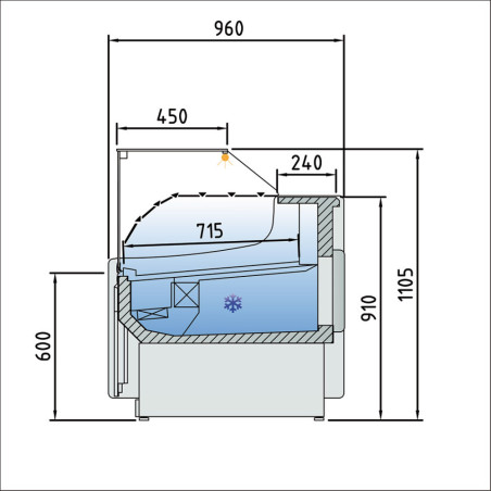 Comptoir vitrine ventilé, vitre basse, avec réserve - NOIR