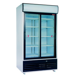 Vitrine à boissons double portes coulissantes, 857 litres, avec caisson lumineux.