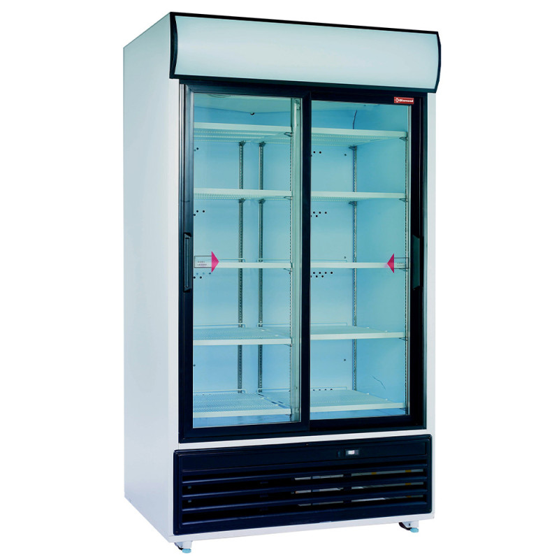 Vitrine à boissons double portes coulissantes, 857 litres, avec caisson lumineux. Vitrine à boissons double portes coulissantes, 857 litres, avec caisson lumineux.