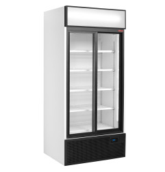 Vitrine T° positive, ventilée, 760 Lt., 2 portes coulissantes, avec caisson lumineux