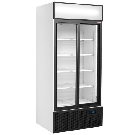 Vitrine T° positive, ventilée, 760 Lt., 2 portes coulissantes, avec caisson lumineux