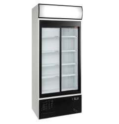 Vitrine T° positive, ventilée, 760 Lt., 2 portes coulissantes, avec caisson lumineux