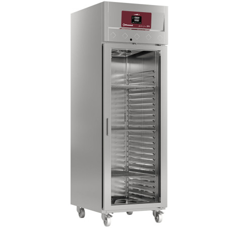 Armoire de frigo. ventilée 700 Lit. 1 porte vitrée (GN 2/1),  sur roues