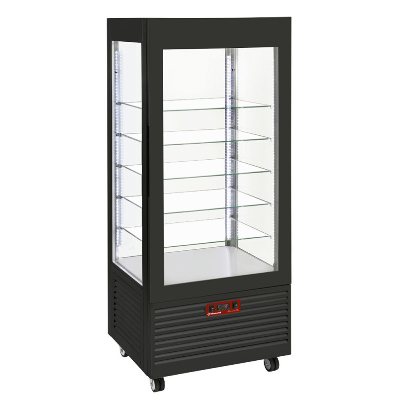 Vitrine 4 faces T° positive, 5 étagères en verre, ventilée, 480 Lit, NOIRE Vitrine 4 faces T° positive, 5 étagères en verre, ventilée, 480 Lit, NOIRE
