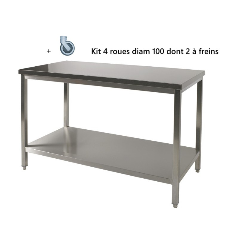 Table de travail avec roulettes et tablette inférieure (1500X700H900mm) Table de travail avec roulettes et tablette inférieure (1500X700H900mm)
