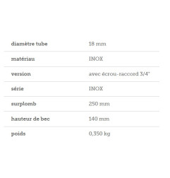 Sortie en S tube ø 18mm INOX avec écrou-raccord 3/4" série INOX surplomb 250mm