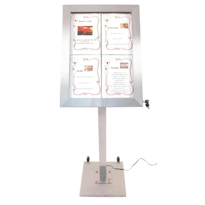 Porte-menu à LED couleurs en inox Securit 4xA4 avec poteau et socle