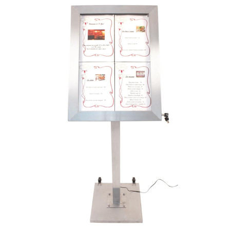 Porte-menu à LED couleurs en inox Securit 4xA4 avec poteau et socle
