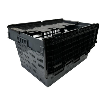 Caisse de transport/stockage en plastique perforé Vogue avec couvercle attaché 600x400x320mm