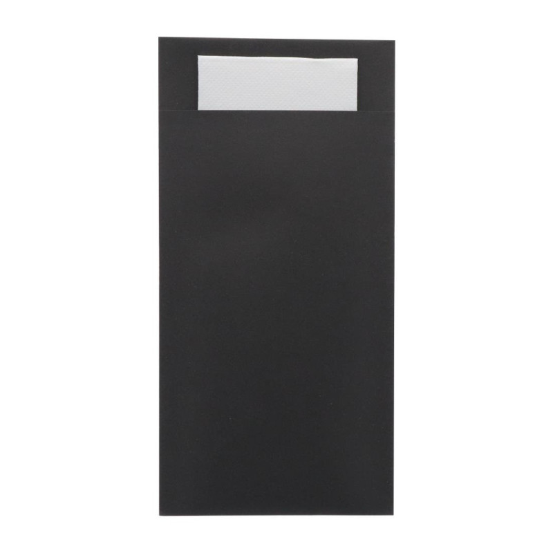 Pochettes à couverts Europochette taille royale noire avec serviette blanche douce 2 plis (lot de 250)