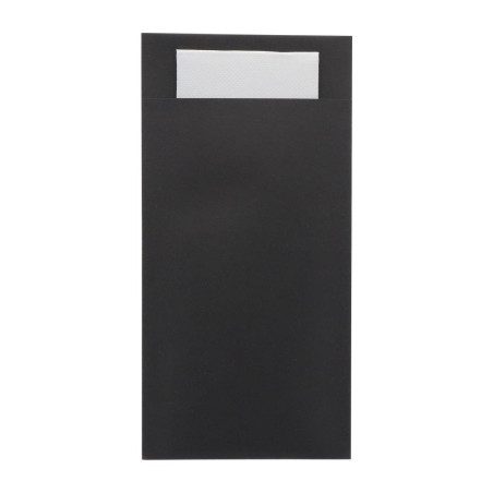 Pochettes à couverts Europochette taille royale noire avec serviette blanche douce 2 plis (lot de 250)