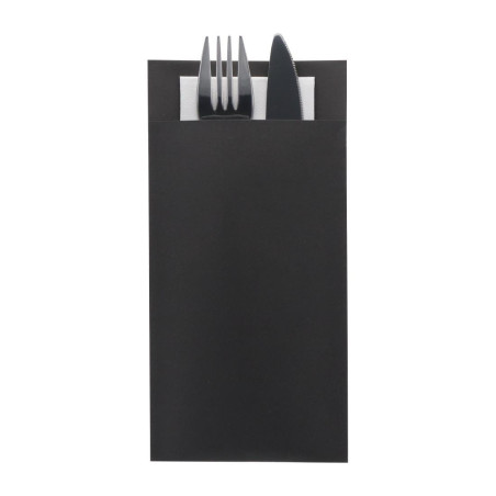 Pochettes à couverts Europochette taille royale noire avec serviette blanche douce 2 plis (lot de 250)