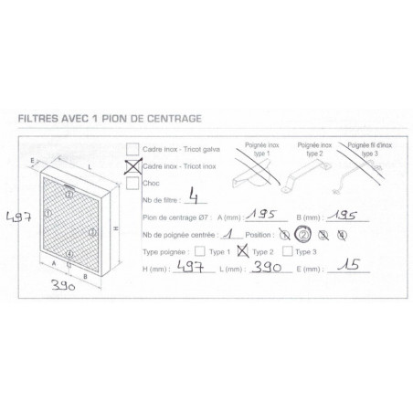 filtre de hotte sur-mesure avec un pion et une poignée 390xH497x15mm