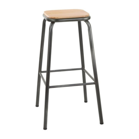 Tabouret haut gris métallisé avec assise en bois Bolero Cantina lot de 4