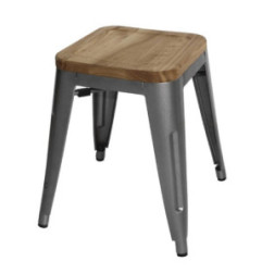 Tabourets bistro bas en acier gris métal avec assise en bois Bolero (lot de 4)