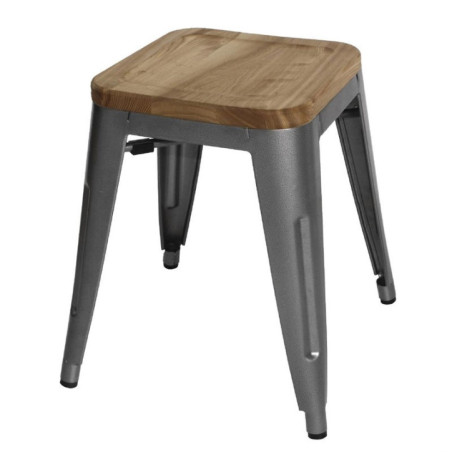 Tabourets bistro bas en acier gris métal avec assise en bois Bolero (lot de 4)