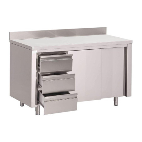 Table armoire inox avec dosseret 3 tiroirs à gauche et portes coulissantes Gastro M 875x1000x700mm