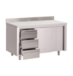 Table armoire inox avec dosseret 3 tiroirs à gauche et portes coulissantes Gastro M 875x1200x700mm