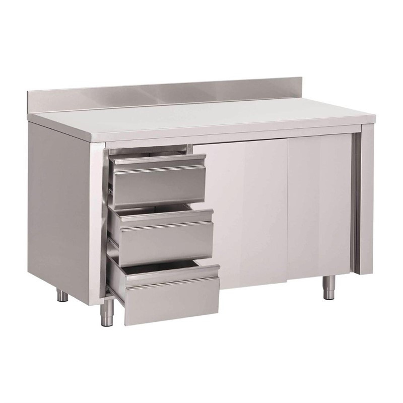 Table armoire inox avec dosseret 3 tiroirs à gauche et portes coulissantes Gastro M 875x1200x700mm