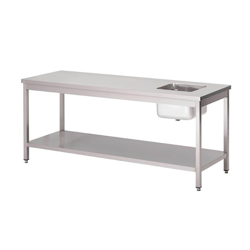 Table du chef inox avec bac à gauche et étagère basse Gastro M 1600 x 700 x 890mm