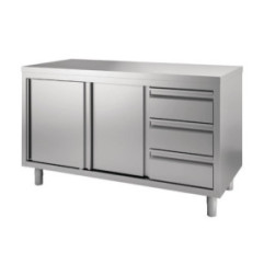Table armoire inox avec portes coulissantes et 3 tiroirs à droite Gastro M 1400 x 700 x 875mm