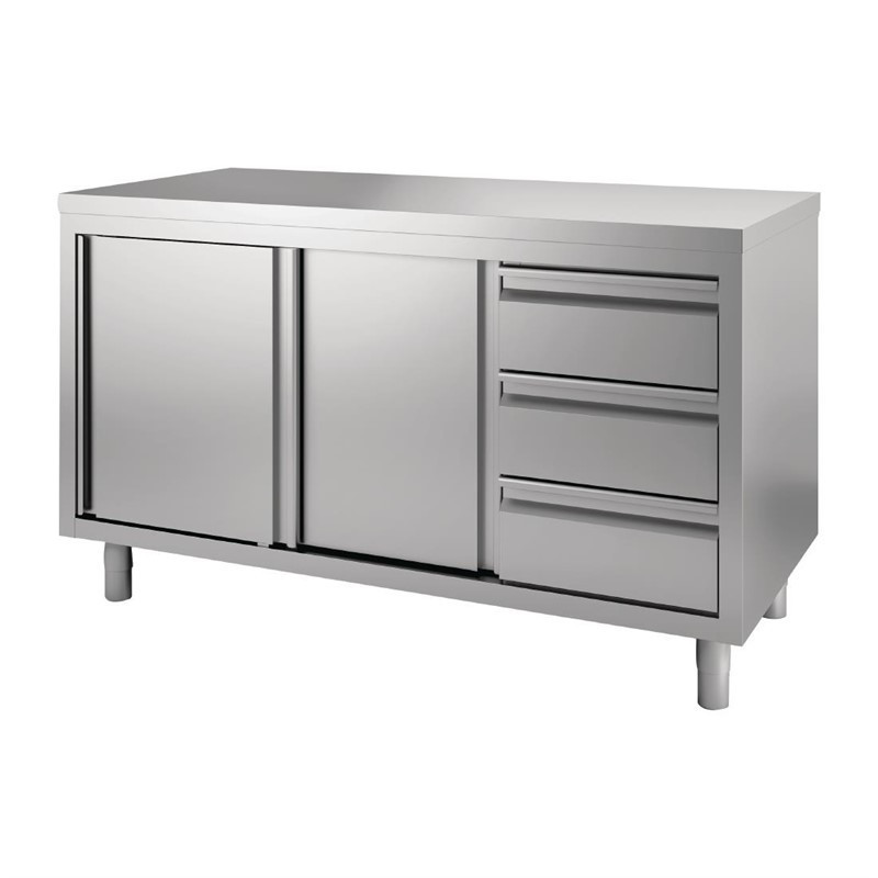 Table armoire inox avec portes coulissantes et 3 tiroirs à droite Gastro M 1400 x 700 x 875mm