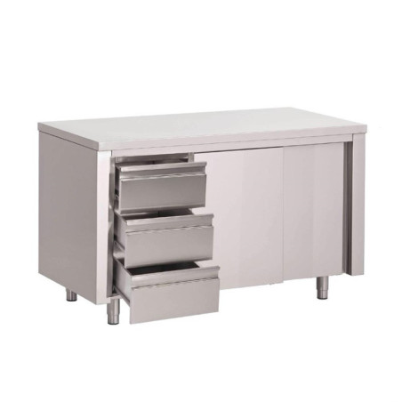 Table armoire inox avec portes coulissantes et 3 tiroirs à gauche Gastro M 1500 x 700 x 875mm