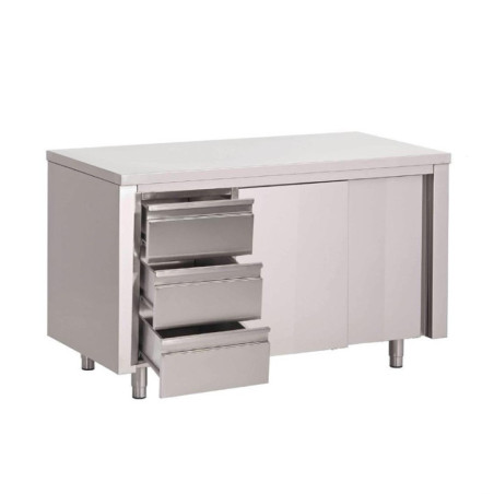 Table armoire inox avec portes coulissantes et 3 tiroirs à gauche Gastro M 1600 x 700 x 875mm