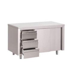 Table armoire inox avec portes coulissantes et 3 tiroirs à gauche Gastro M 2000 x 700 x 875mm