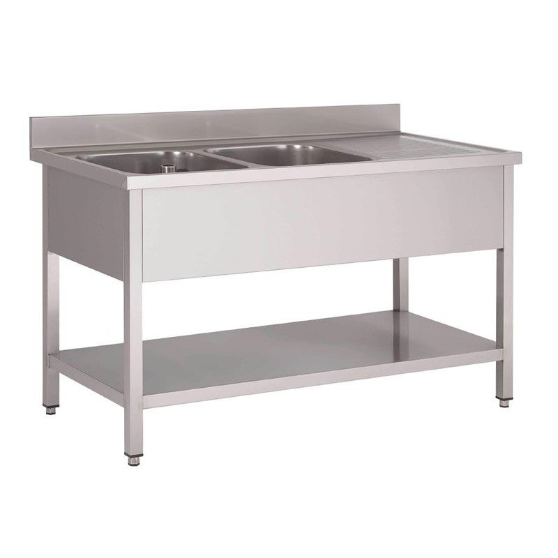 Plonge inox avec étagère basse Gastro M 2 bacs à gauche 160 x 70 x 85 cm