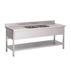 Plonge inox avec étagère basse Gastro M 2 bacs au centre 200 x 70 x 85 cm