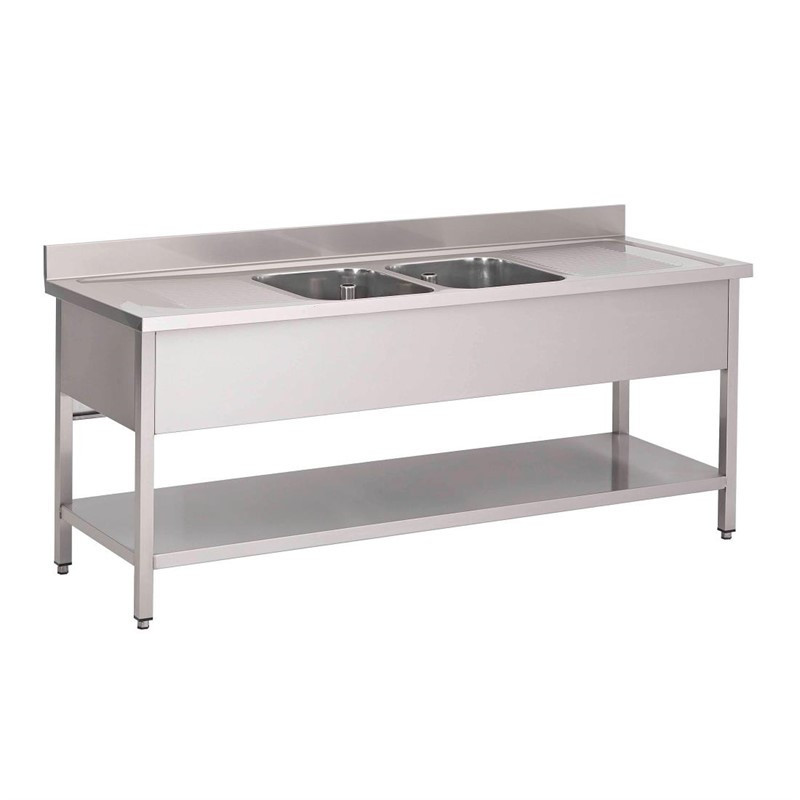 Plonge inox avec étagère basse Gastro M 2 bacs au centre 200 x 70 x 85 cm