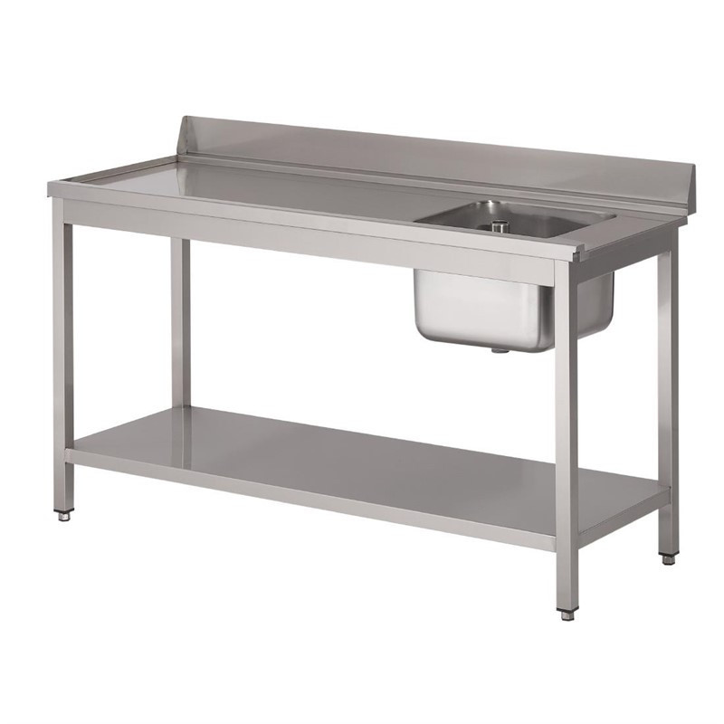 Table d'entrée lave-vaisselle inox avec bac à droite dosseret et tablette inférieure Gastro M 850x1400x700mm