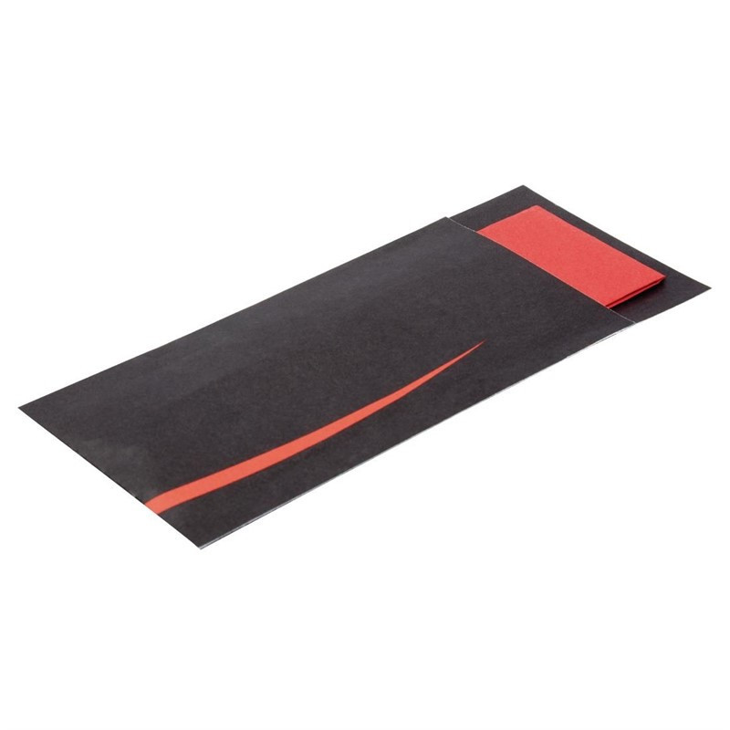Pochettes à couverts noires avec serviette rouge Europochette (Lot de 100)