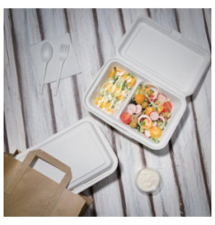 Boîtes 2 compartiments avec couvercle à charnière compostables en bagasse Fiesta Compostable 253mm (lot de 200)