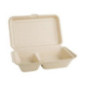 Boîtes 2 compartiments avec couvercle à charnière compostables en bagasse coloris naturel Fiesta Compostable 253mm (lot de 200)