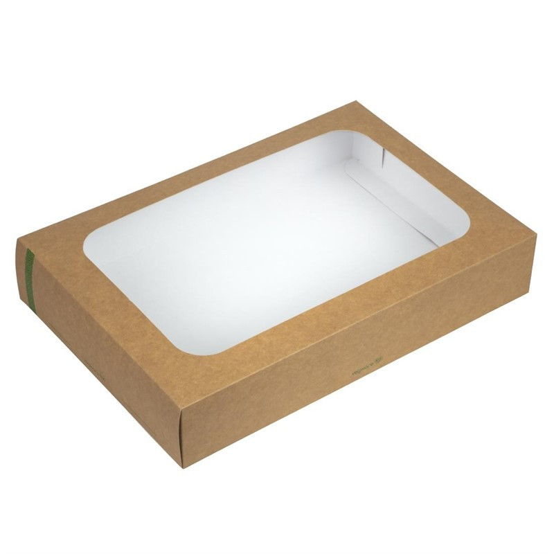 Grandes boîtes compostables avec plateau et couvercle à fenêtre Vegware (Lot de 25)