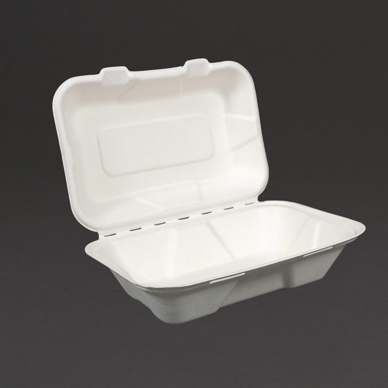 Boîtes repas en bagasse compostables avec couvercle à charnière Vegware 228mm (Lot de 200)