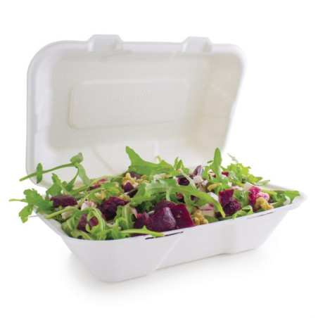 Boîtes repas en bagasse compostables avec couvercle à charnière Vegware 228mm (Lot de 200)