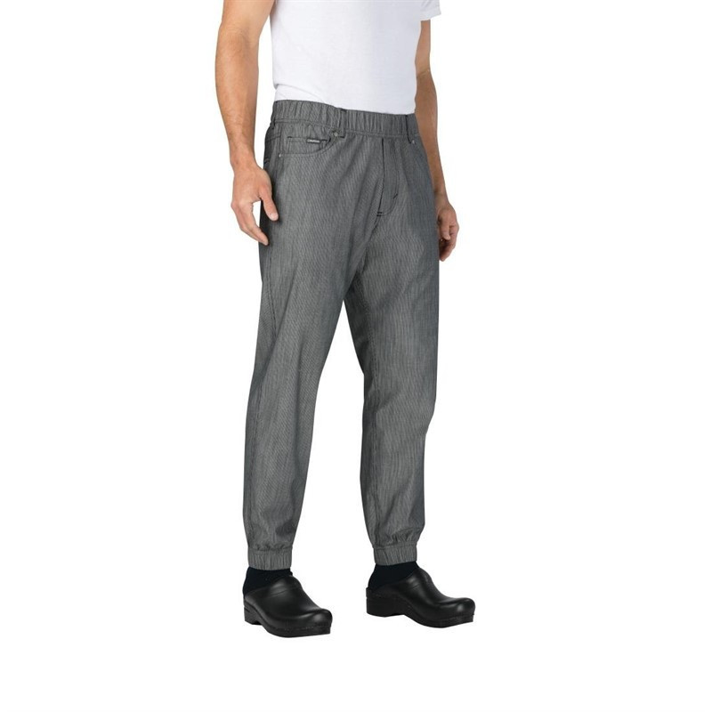 Pantalon de cuisine Works Urban Jogger 257 à fines rayures noires et blanches L