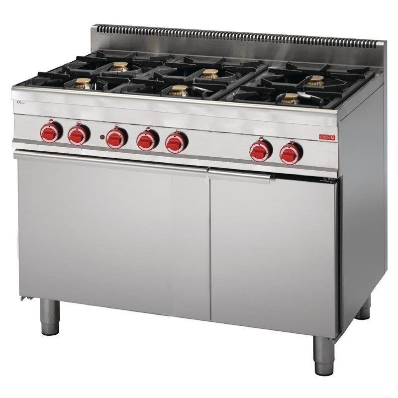 Fourneau 6 feux sur four électrique à convection avec placard ouvert Gastro M 65/110CFGE