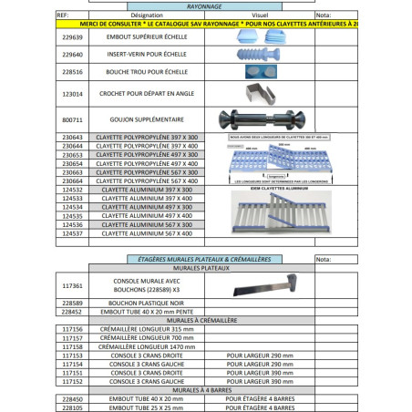 00 Listing Pièces pour RAYONNAGE & ÉTAGÈRES TOURNUS EQUIPEMENTS