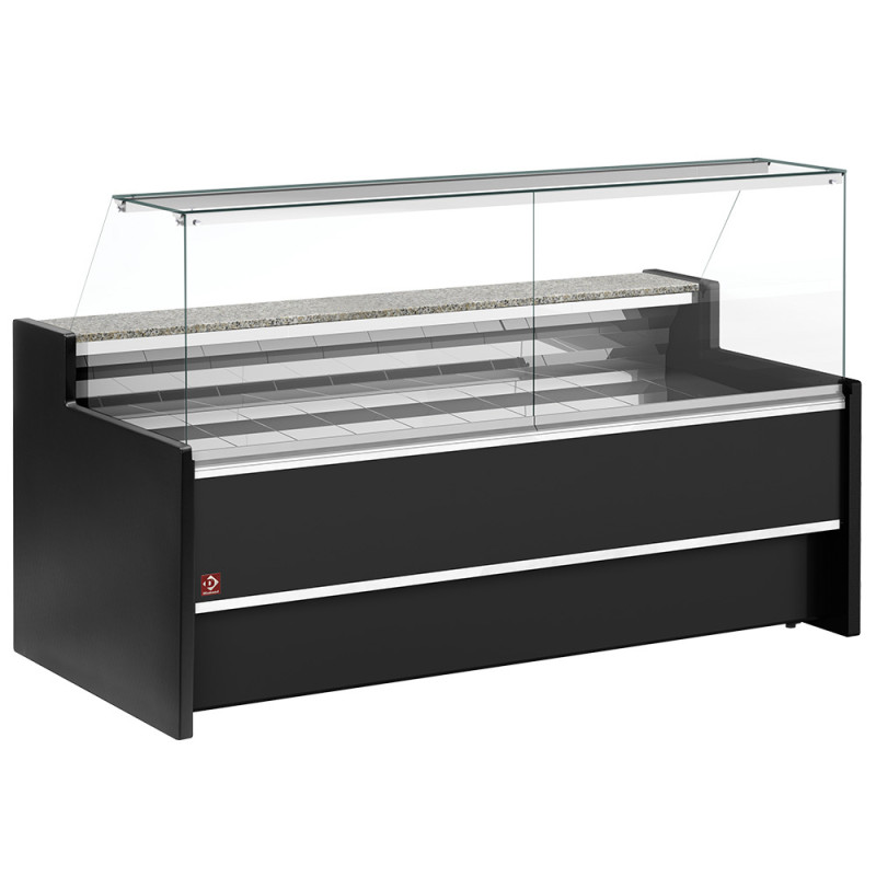 Comptoir vitrine réfrigéré à vitre droite 90°, ventilé, avec réserve - NOIR Comptoir vitrine réfrigéré à vitre droite 90°, ventilé, avec réserve - NOIR