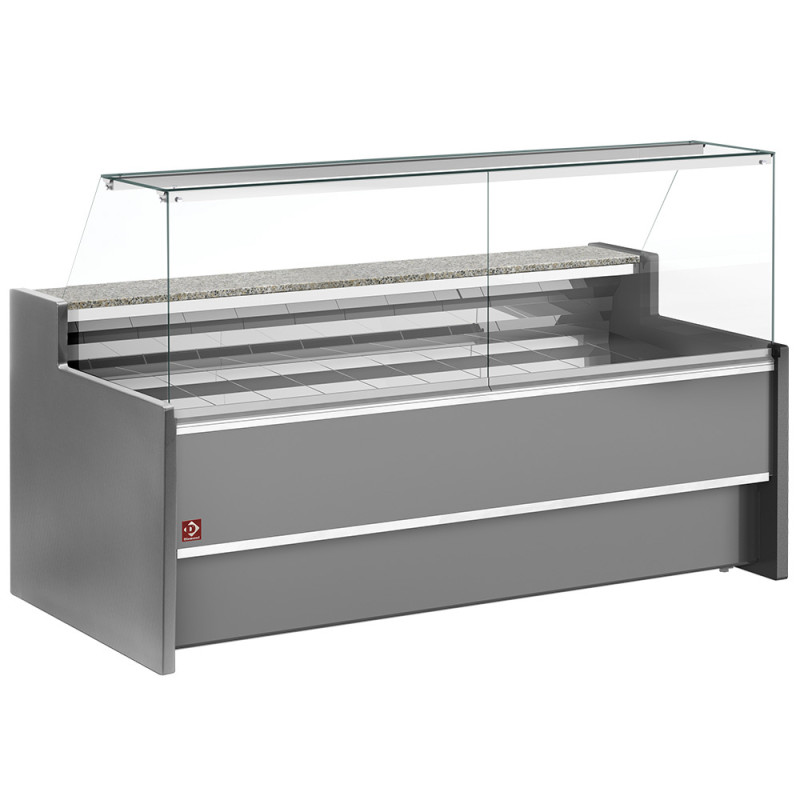 Comptoir vitrine réfrigéré à vitre droite 90°, ventilé, avec réserve - GRIS Comptoir vitrine réfrigéré à vitre droite 90°, ventilé, avec réserve - GRIS